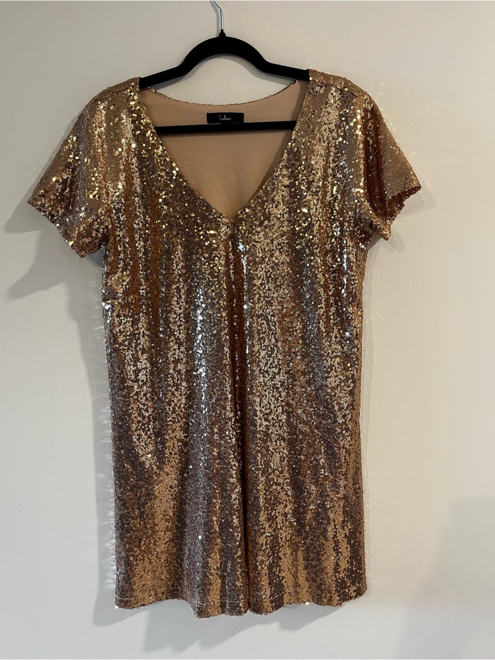 Lulu's Rose-Gold Sequin V-Neck Short Sleeve Mini Dress